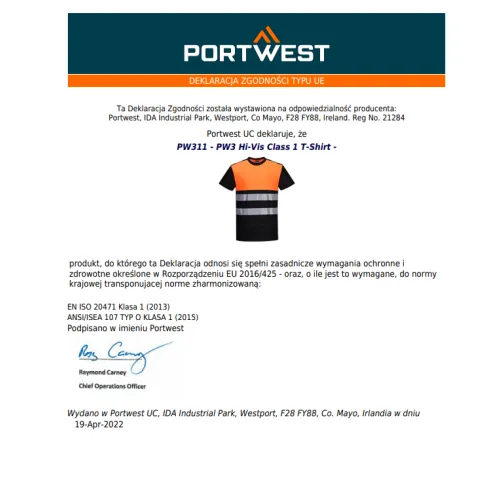 PW311 - T-shirt ostrzegawczy PW3  Portwest